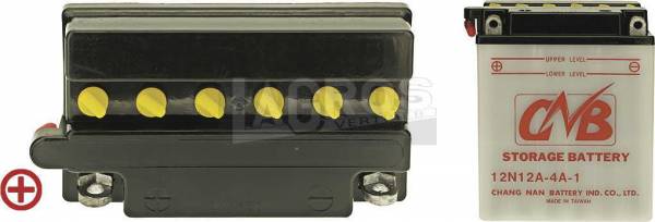 12 V Batterie DIN 51211, 12 Ah / 115 A, +Pol = links, Entlüftung links, Pole flach mit Verschraubung, Standard-Qualität - 12N12A-4A-1