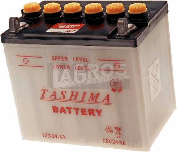 12 V Batterie, 24 Ah, +Pol = rechts, Entlüftung links, 12N24-3A, ungefüllt für Husqvarna Aufsitzmäher, Motorräder