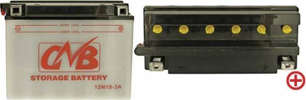 12 V Batterie, 18 Ah / 190 A, +Pol = rechts, Pole würfelförmig, Entlüftung links, Standard-Qualität 12N18-3A, auch für Etesia, MTD, Stiga